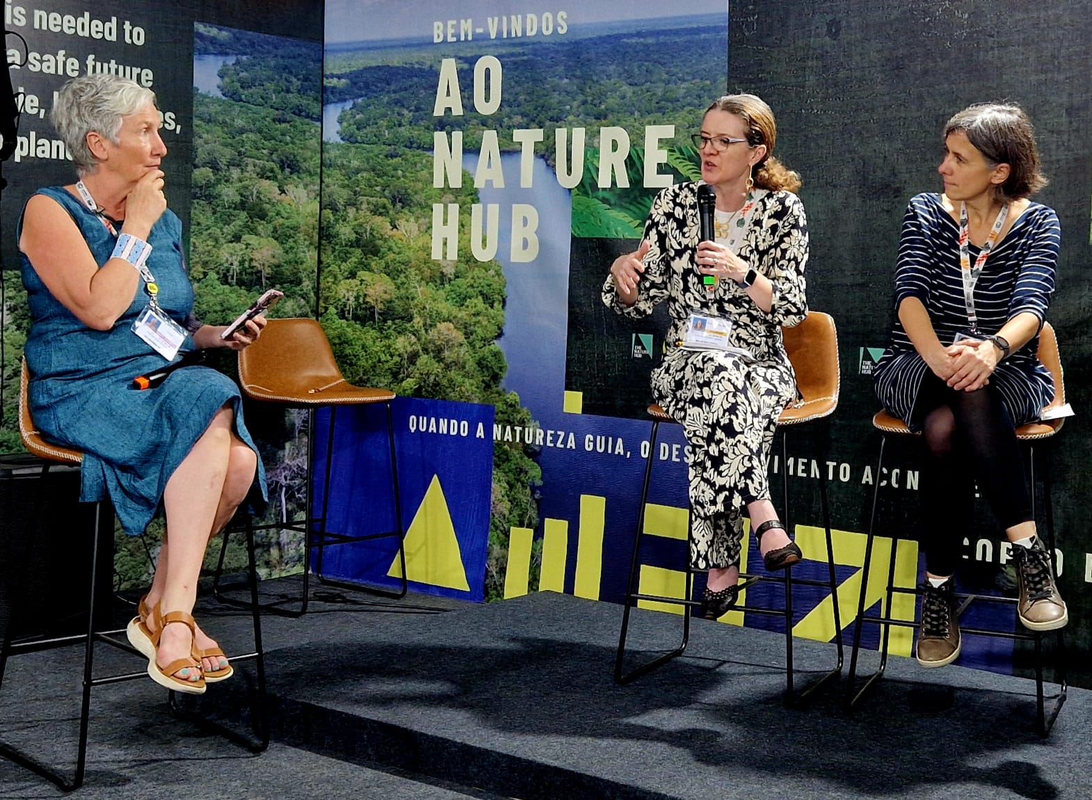 Discussion in action at the Nature Hub Pavilion during âThe Peatland Breakthrough: From Evidence to Action,â where experts shared the latest science and solutions to accelerate global peatland protection under the COP30 Action Agenda. From left to right: Moderator Clare Shakya, The Nature Conservancy; Cinthia Soto, Senior Climate Change Advocacy Officer at Wetlands International; and Franziska Tanneberger, Director of the Greifswald Mire Centre. Â© Peatland Breakthrough