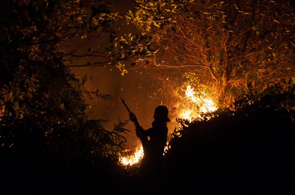 Firefighters fight fire at night. Outside Palangka Raya, Central Kalimantan