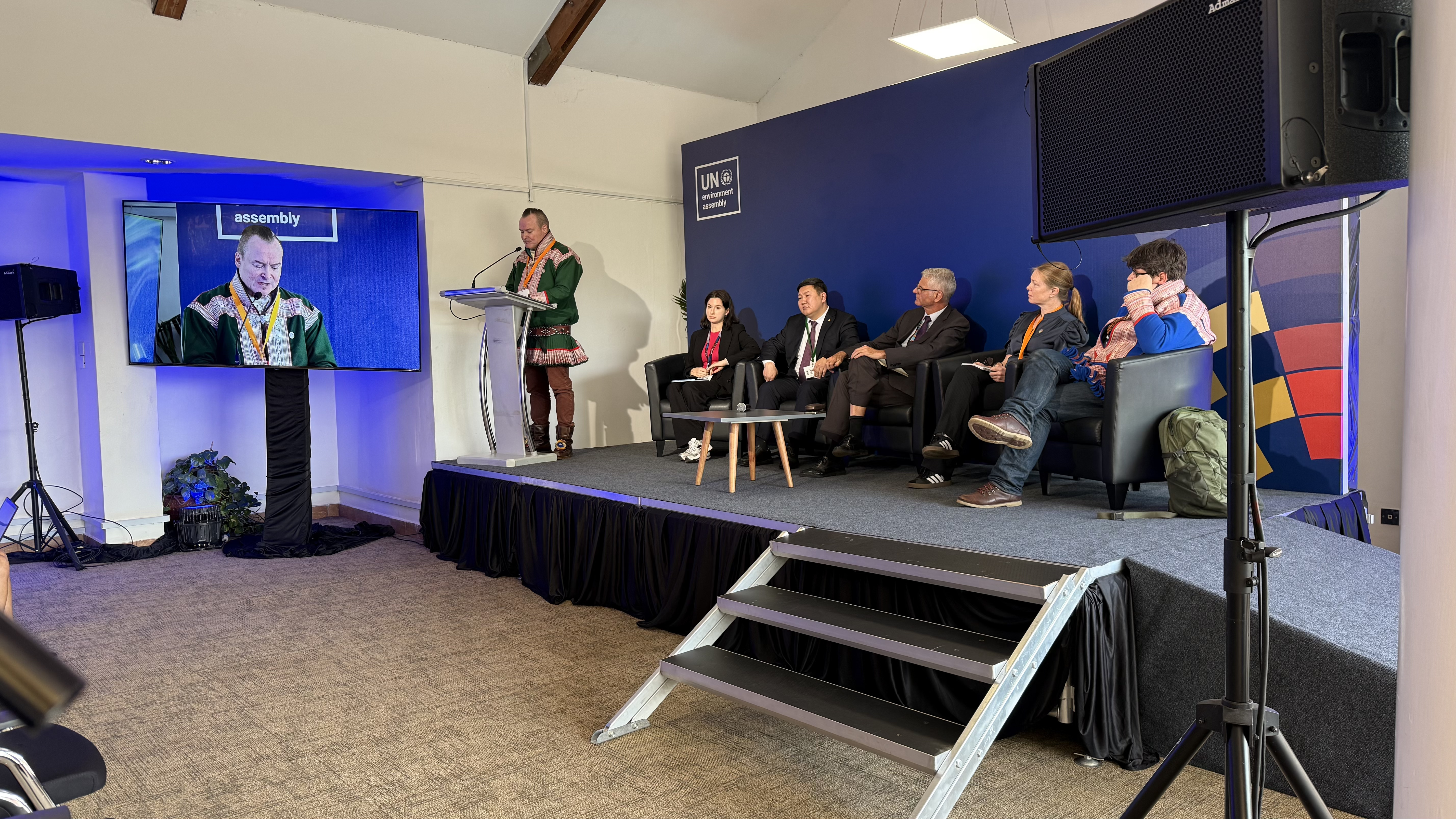Speakers in the second panel sharing key insights into how climate change affects reindeer herding in the Arctic and Mongolia. On stage left to right: Anders Oskal (Executive Director, International Centre for Reindeer Husbandry (ICR) and Secretary General, World Reindeer Herders), Marina Tonkopeeva (Project Leader, International Centre for Reindeer Husbandry), Battulga Erkhembayar (Director-General, Perm. Representative of Mongolia with WMO), Johan Robinson (GEF Biodiversity and Land Degradation Unit Head), Kathrine I. Johnsen (Senior Research Scientist, NIVA), and Issat Turi (SÃ¡mi reindeer herder, International Centre for Reindeer Husbandry).