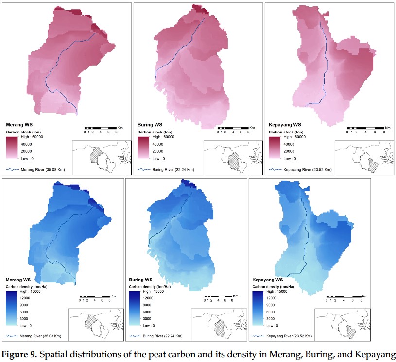 Maps indication the spatial distribution of underground carbon stocks in the Merang-Kepahyang peatlands, South Sumatra, Indonesia.