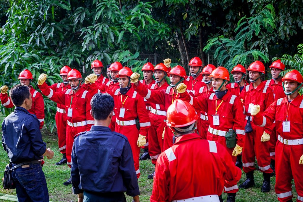 Volunteer firefighters take part in a training course at Nusa Tumbang Village in central Kalimantan